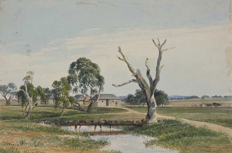 'Men's huts, Challicum, 1848'