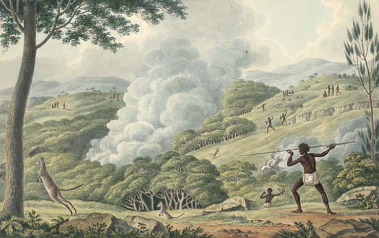 Indigenous Australians using fire to hunt kangaroos, c1817