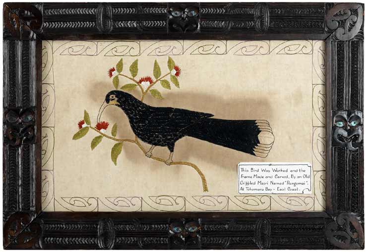 Embroidered picture of a huia, c1900